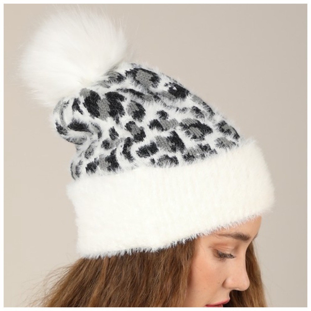 Ivory leopard faux fur pom beanie